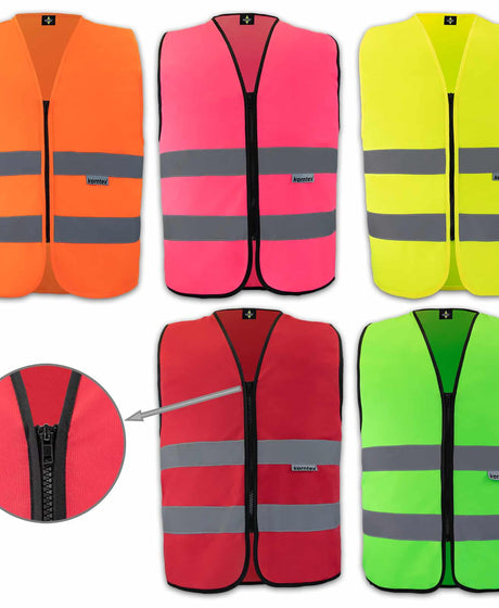 Korntex Reißverschluss-Warnwesten in verschiedenen Farben mit zwei reflektierenden Streifen und Zip-Verschluss, optional bedruckbar