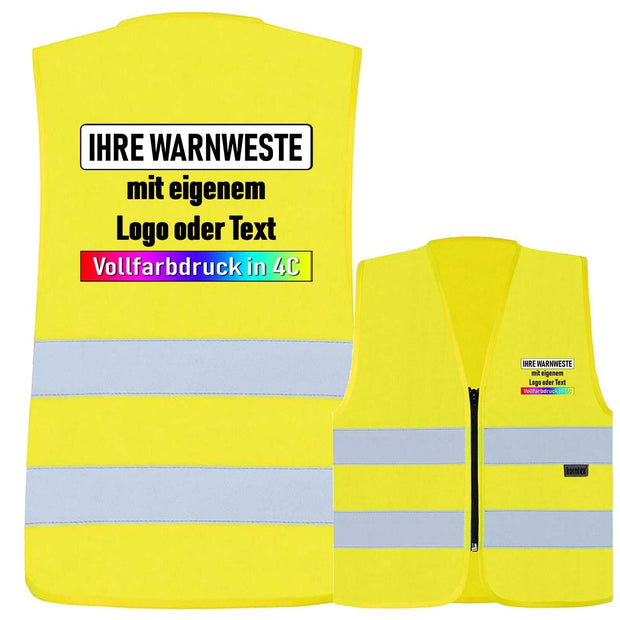 Yellow Korntex zipper safety vest with two reflective stripes and customizable full-color print option