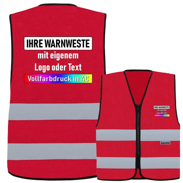 Korntex Reißverschluss-Warnweste in Rot mit zwei reflektierenden Leuchtstreifen und individuellem Druckoption