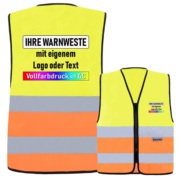 Korntex Reißverschluss-Warnweste gelb-orange mit zwei reflektierenden Leuchtstreifen und individuellem Logo- oder Textdruck