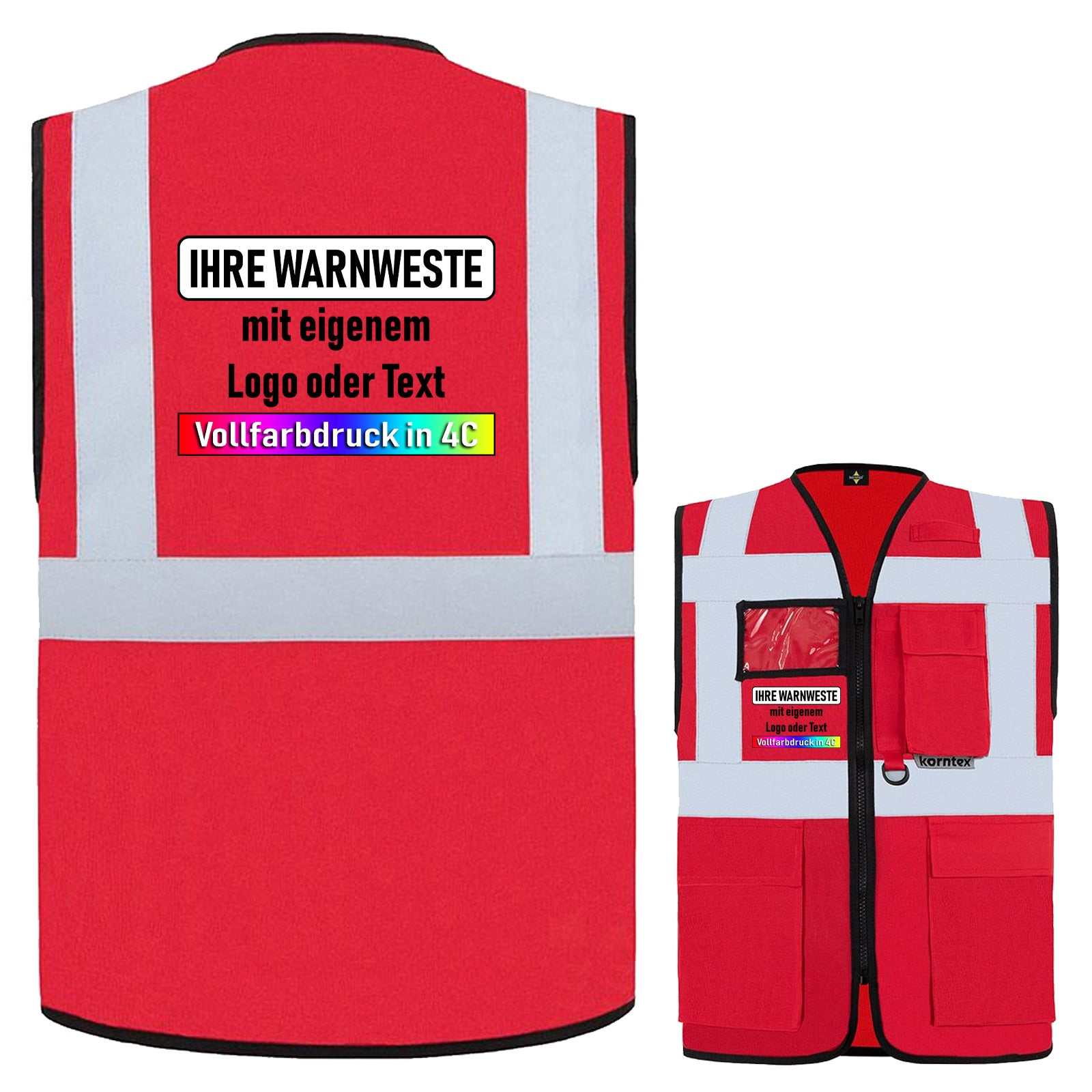 Korntex Multifunktionsweste „Berlin“ mit Taschen, Reißverschluss und reflektierenden Leuchtstreifen in verschiedenen Farben und Größen