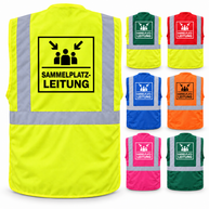 Sammelplatzleitung Weste aus Polyester in Gelb mit Reflexstreifen, Taschen und großem Leitungsaufdruck auf dem Rücken.