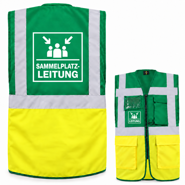 Sammelplatzleitung Weste aus Polyester in Grün und Gelb mit Reflexstreifen, Reißverschluss, Taschen und Leitungsaufdruck.