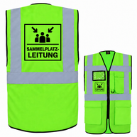 Sammelplatzleitung Weste in Neongrün aus Polyester mit silbernen Reflexstreifen, Taschen, Reißverschluss und Aufdruck „SAMMELPLATZ-LEITUNG“