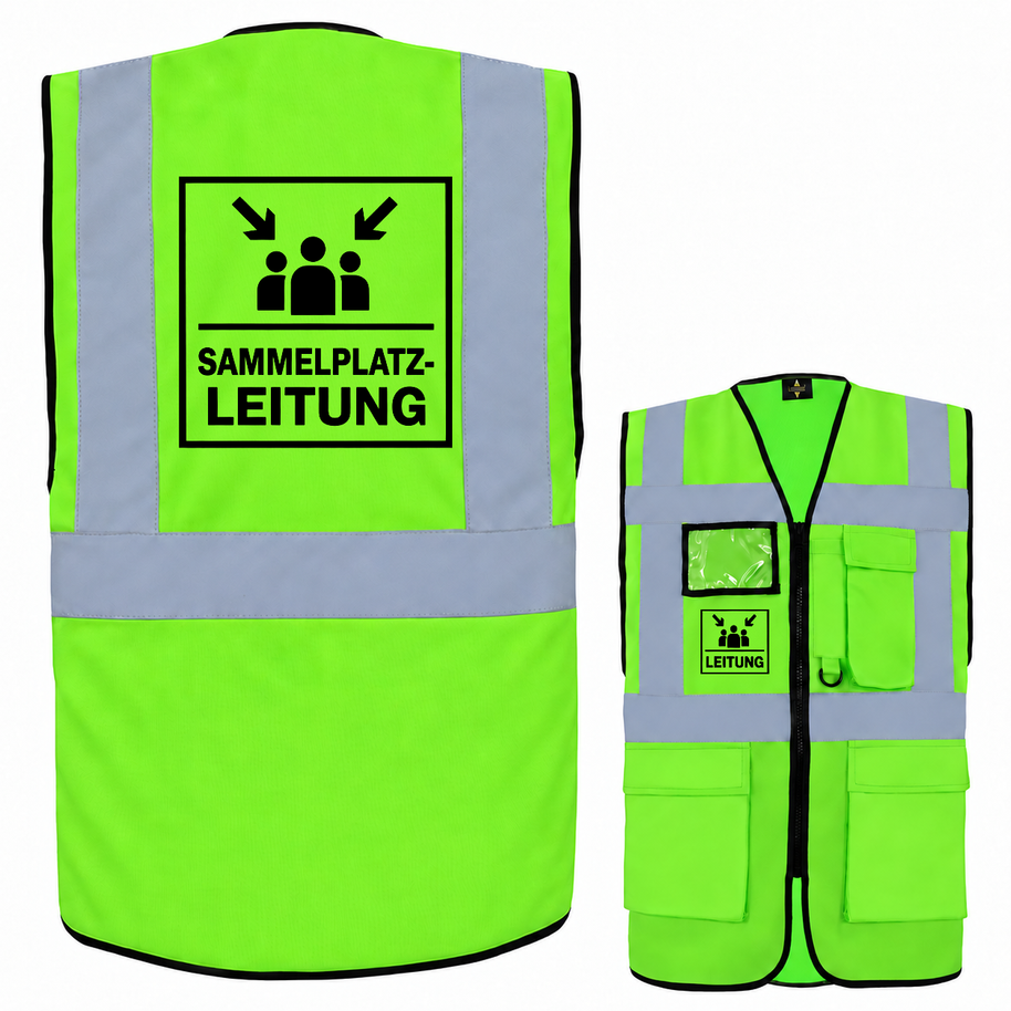 Sammelplatzleitung Weste in Neongrün aus Polyester mit silbernen Reflexstreifen, Taschen, Reißverschluss und Aufdruck „SAMMELPLATZ-LEITUNG“