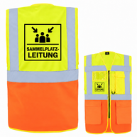 Sammelplatzleitung Weste aus Polyester in Neongelb und Orange mit Reflexstreifen, Taschen und Leitungsaufdruck.