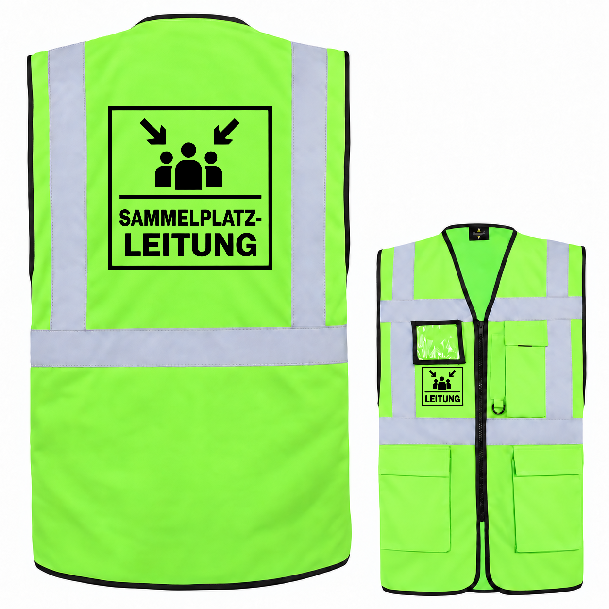 Neongrüne Sammelplatzleitung Weste aus Polyester mit silbernen Reflexstreifen, Taschen und schwarzem Aufdruck.