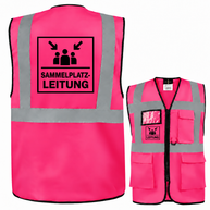 Sammelplatzleitung Weste in Pink aus Polyester mit grauen Reflexstreifen, Reißverschluss, Taschen und schwarzem Leitungsmotiv.