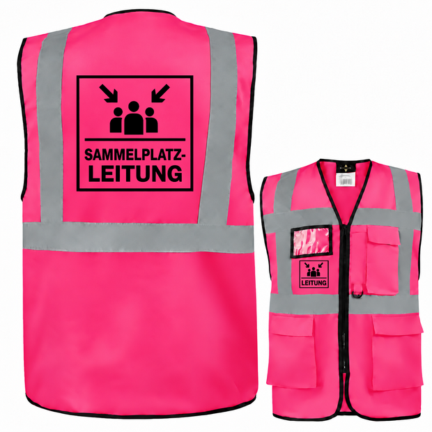 Sammelplatzleitung Weste in Pink aus Polyester mit grauen Reflexstreifen, Reißverschluss, Taschen und schwarzem Leitungsmotiv.