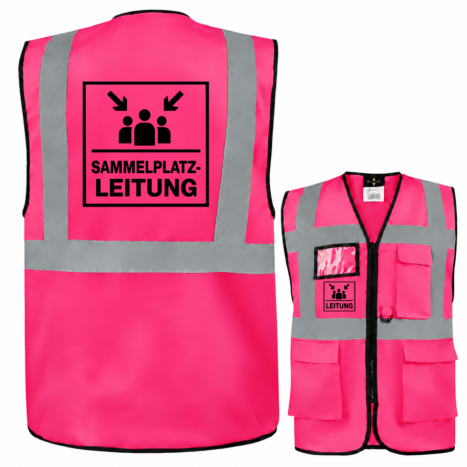 Sammelplatzleitung Weste in Pink aus Polyester mit grauen Reflexstreifen, Reißverschluss, Taschen und schwarzem Leitungsmotiv.