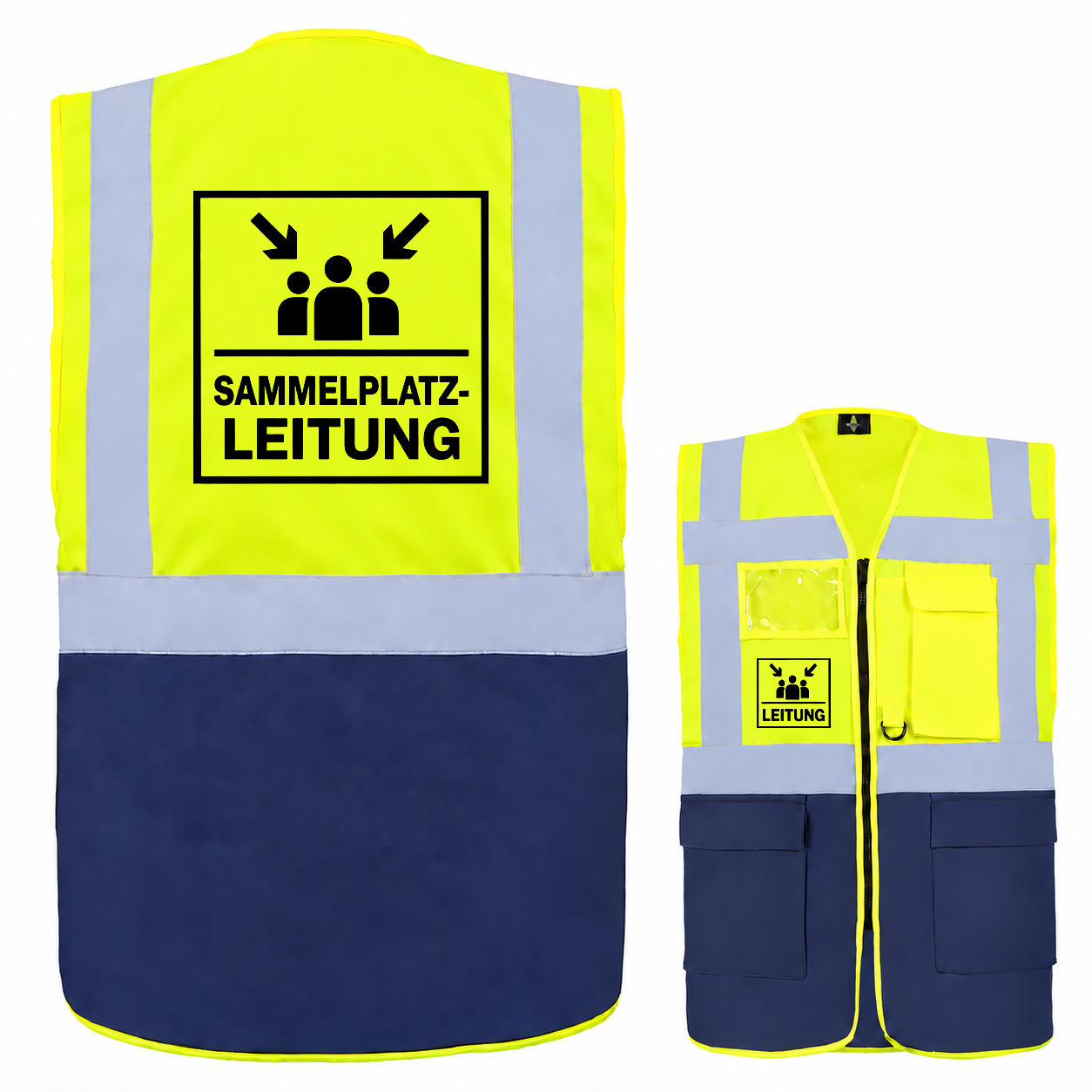 Multifunktionsweste als Sammelplatzleitung Weste in Neongelb und Dunkelblau, mit Reflexstreifen, Taschen und Aufdruck.