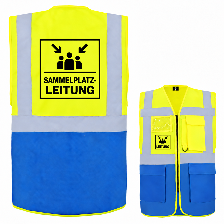 Sammelplatzleitung Weste aus Polyester in Gelb und Blau mit Reflektorstreifen, Taschen und Leitungsaufdruck.
