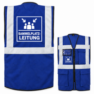 Sammelplatzleitung Weste aus blauem Polyester mit weißen Reflexstreifen, Reißverschluss, Taschen und Leitungsaufdruck.