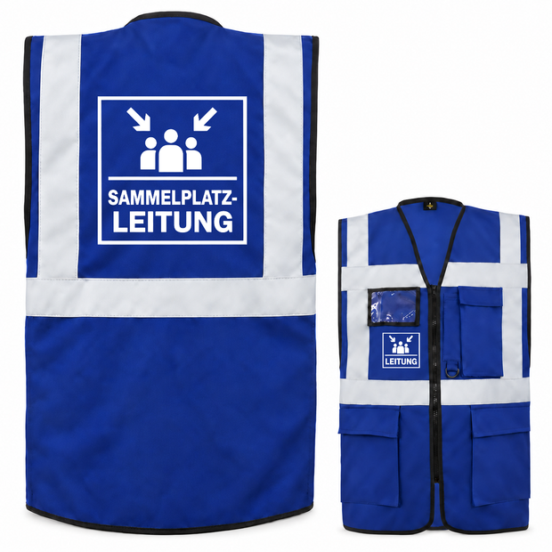 Sammelplatzleitung Weste aus blauem Polyester mit weißen Reflexstreifen, Reißverschluss, Taschen und Leitungsaufdruck.