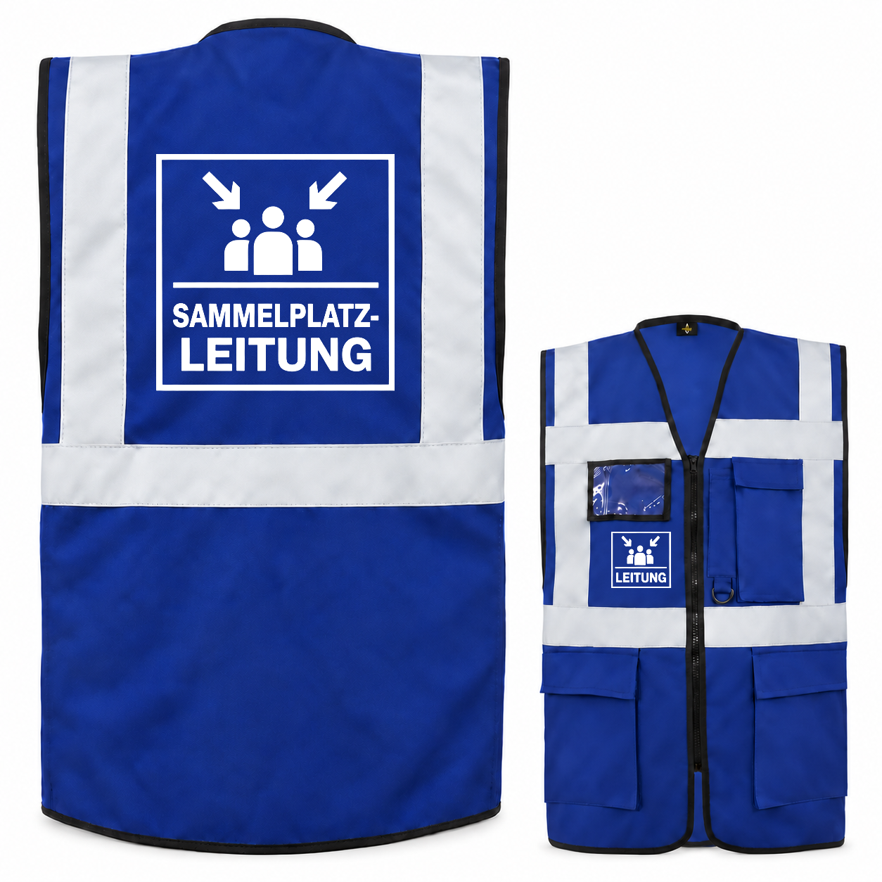 Sammelplatzleitung Weste aus blauem Polyester mit weißen Reflexstreifen, Reißverschluss, Taschen und Leitungsaufdruck.