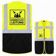 Sammelplatzleitung Weste aus Polyester in Gelb und Schwarz mit Reflexstreifen, Taschen, Reißverschluss und Leitung-Aufdruck