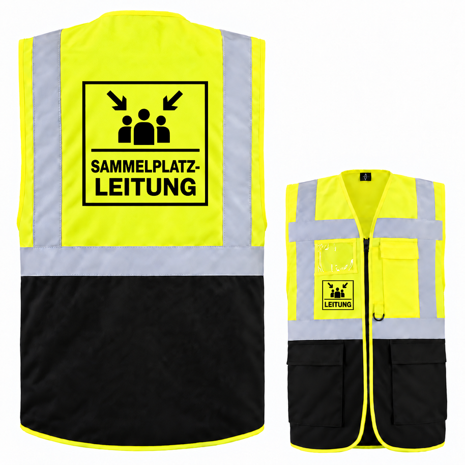 Sammelplatzleitung Weste aus Polyester in Gelb und Schwarz mit Reflexstreifen, Taschen, Reißverschluss und Leitung-Aufdruck
