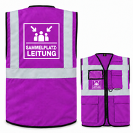 Sammelplatzleitung Weste aus violettem Polyester mit reflektierenden Streifen, Reißverschluss, Taschen und weißem Leitungssymbol.