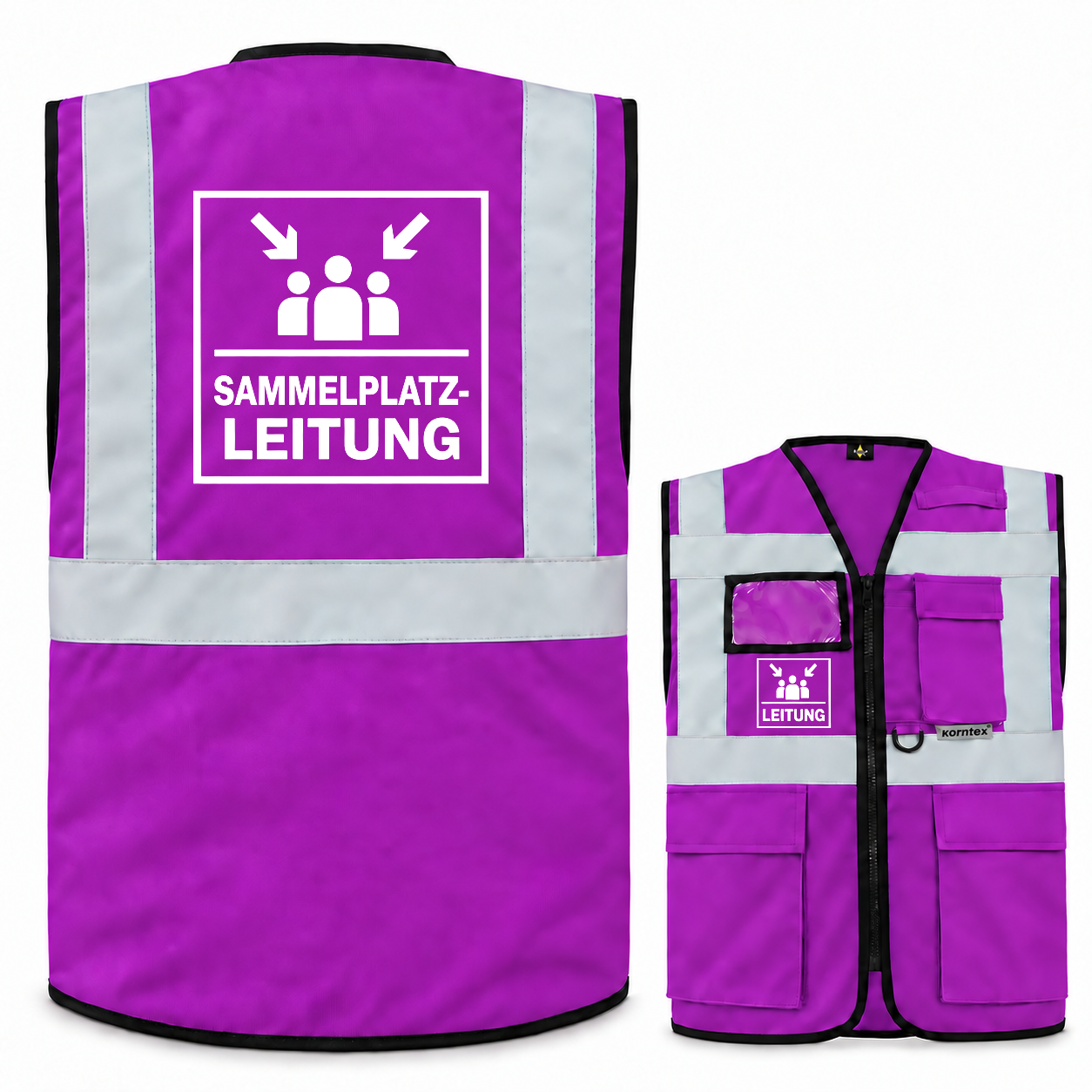 Sammelplatzleitung Weste aus violettem Polyester mit reflektierenden Streifen, Reißverschluss, Taschen und weißem Leitungssymbol.
