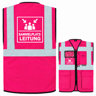 Sammelplatzleitung Weste in kräftigem Pink aus Polyester mit silbernen Reflexstreifen, Reißverschluss, Taschen und Leitungsaufdruck.