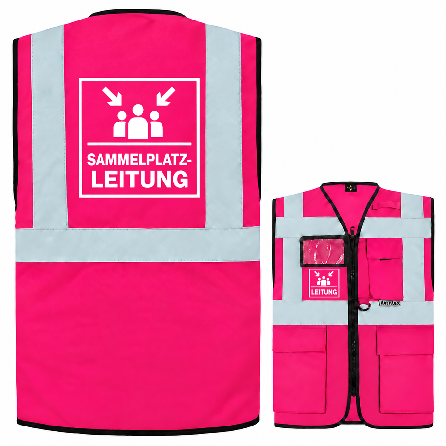 Sammelplatzleitung Weste in kräftigem Pink aus Polyester mit silbernen Reflexstreifen, Reißverschluss, Taschen und Leitungsaufdruck.