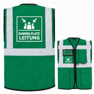 Grüne Multifunktionsweste aus Polyester mit Reflexstreifen, Reißverschluss und Taschen; Sammelplatzleitung Weste mit Aufdruck.