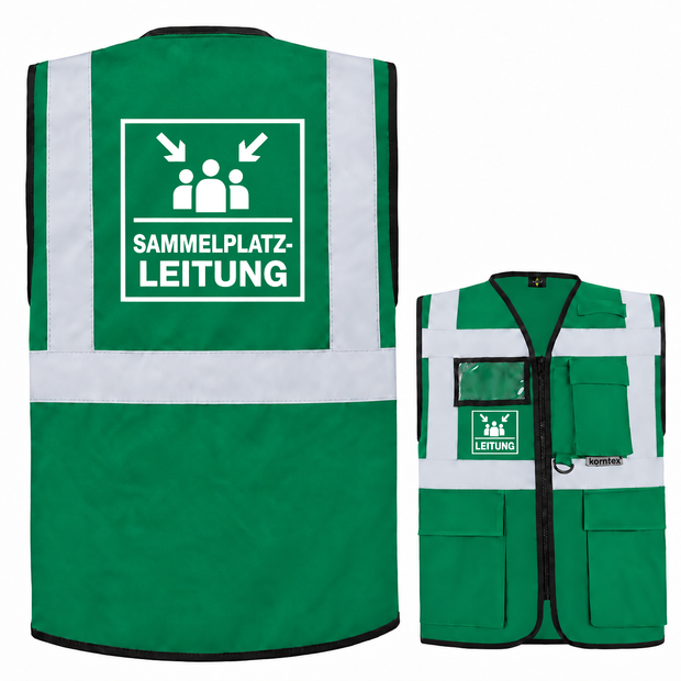 Grüne Multifunktionsweste aus Polyester mit Reflexstreifen, Reißverschluss und Taschen; Sammelplatzleitung Weste mit Aufdruck.