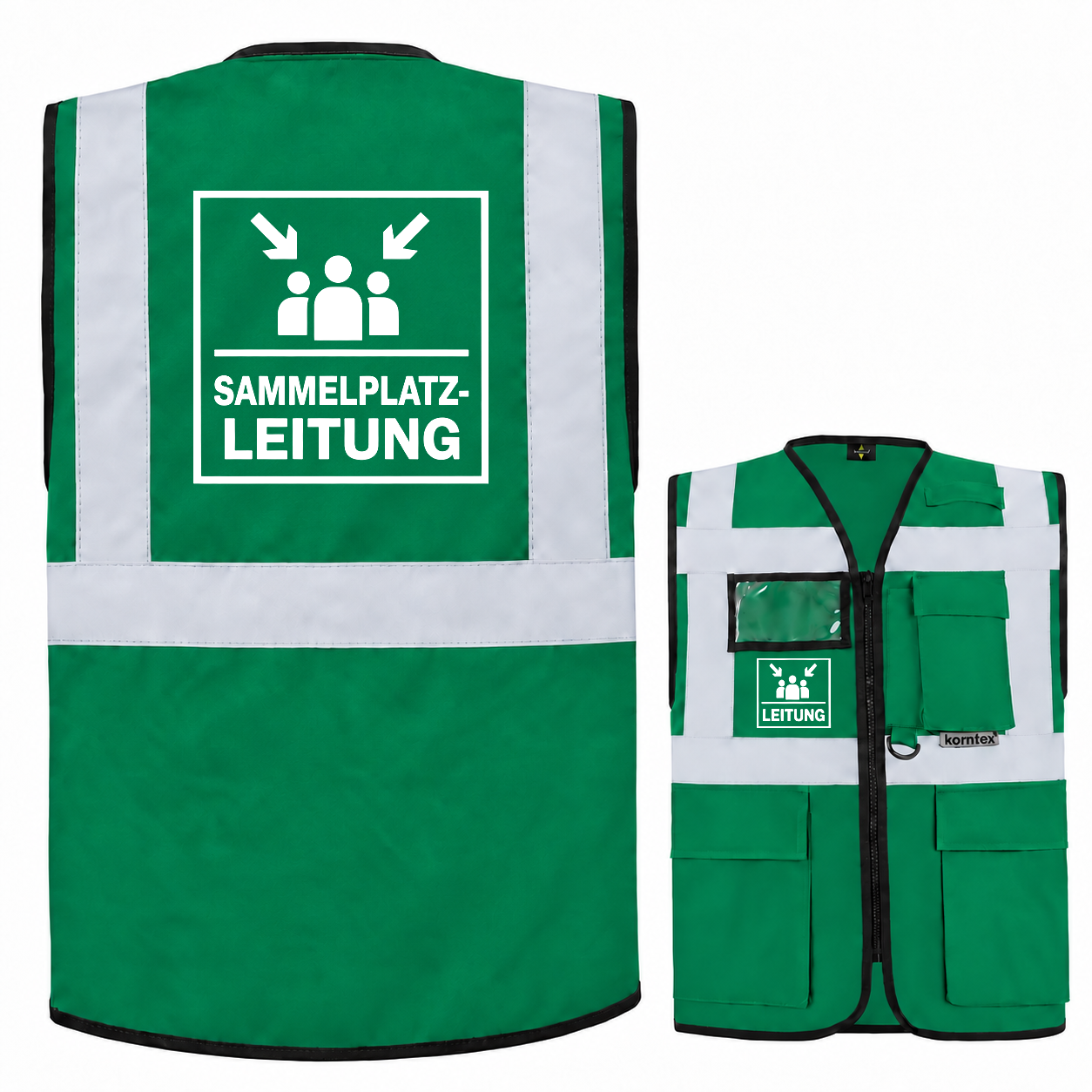 Grüne Multifunktionsweste aus Polyester mit Reflexstreifen, Reißverschluss und Taschen; Sammelplatzleitung Weste mit Aufdruck.