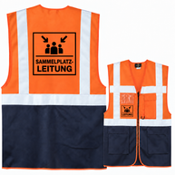 Sammelplatzleitung Weste aus Polyester in Orange und Marineblau, mit Reflexstreifen, Reißverschluss, Taschen und Aufdruck.