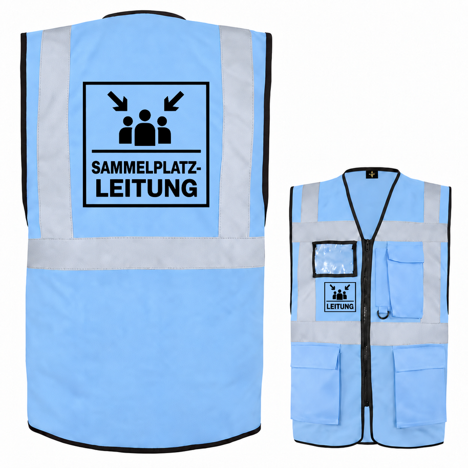 Sammelplatzleitung Weste aus hellblauem Polyester mit silbernen Reflexstreifen, Reißverschluss, Taschen und Leitungsaufdruck.