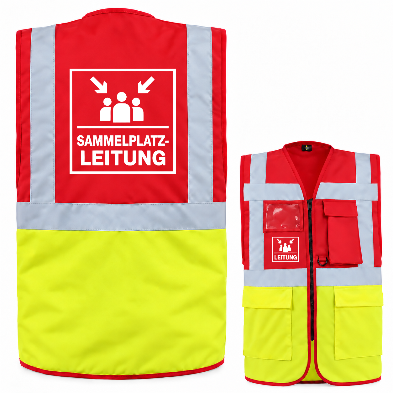 Sammelplatzleitung Weste aus Polyester in Rot und Neongelb mit Reflexstreifen, Taschen und weißem Rückenaufdruck.