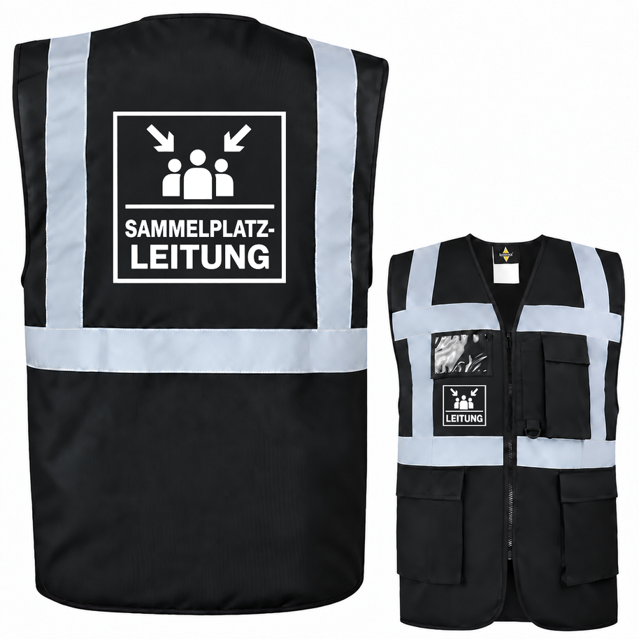 Multifunktionsweste als Sammelplatzleitung Weste aus schwarzem Polyester mit Reflexstreifen, Reißverschluss, Taschen und Aufdruck.