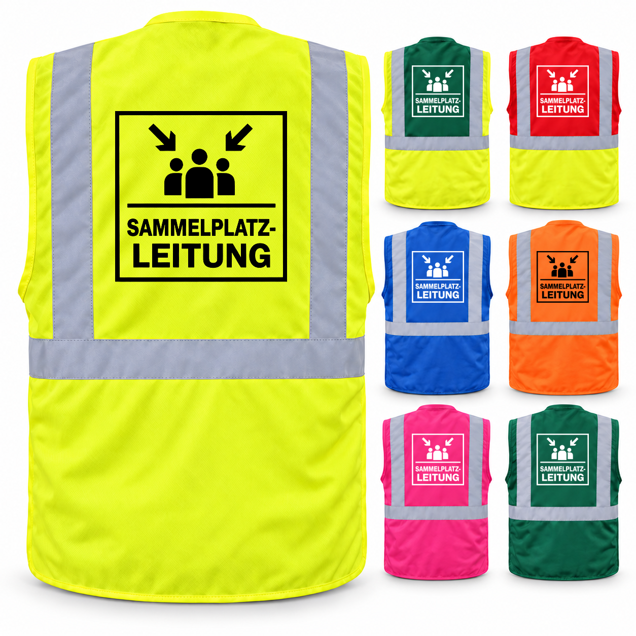 Sammelplatzleitung Weste aus Polyester in Gelb mit Reflexstreifen, Taschen und großem Leitungsaufdruck auf dem Rücken.