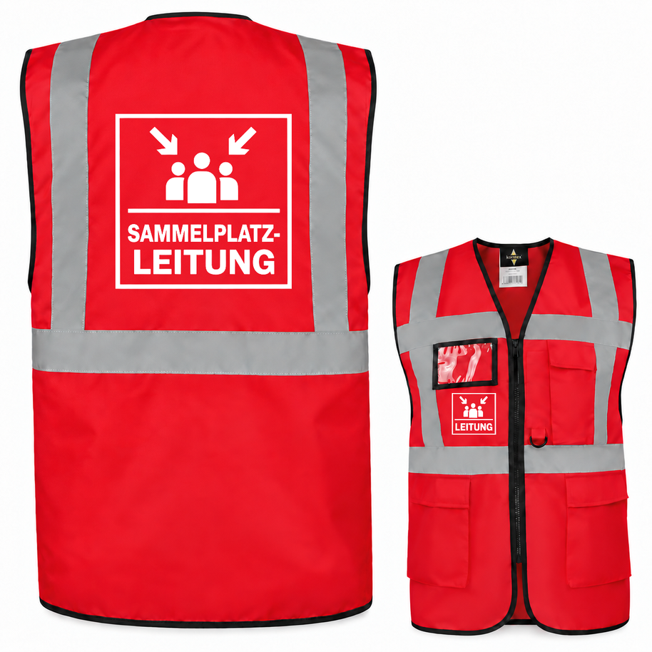 Sammelplatzleitung Weste aus rotem Polyester mit silbernen Reflexstreifen, Taschen, Reißverschluss und Aufdruck „SAMMELPLATZ-LEITUNG“.