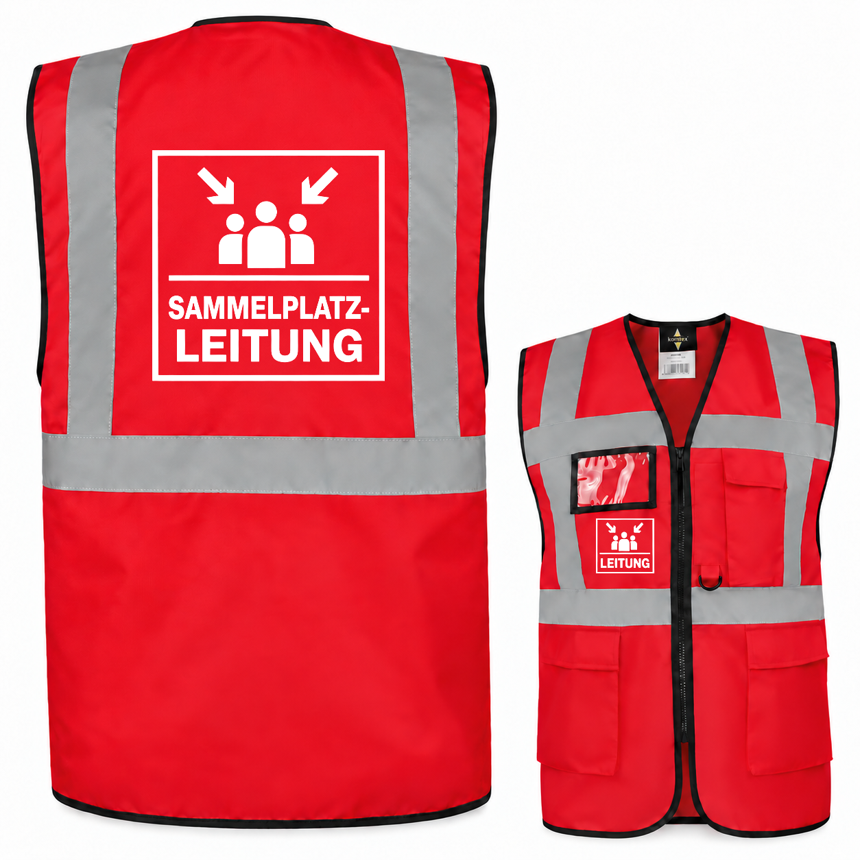 Sammelplatzleitung Weste aus rotem Polyester mit silbernen Reflexstreifen, Taschen, Reißverschluss und Aufdruck „SAMMELPLATZ-LEITUNG“.