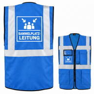 Sammelplatzleitung Weste aus blauem Polyester mit silbernen Reflexstreifen, Reißverschluss, Taschen und weißem Leitungsaufdruck.