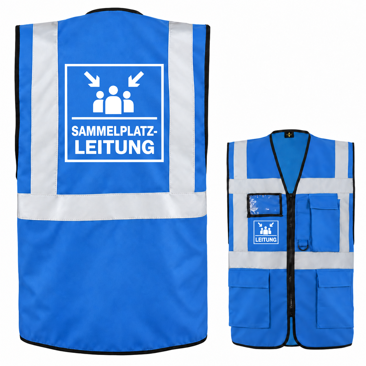 Sammelplatzleitung Weste aus blauem Polyester mit silbernen Reflexstreifen, Reißverschluss, Taschen und weißem Leitungsaufdruck.