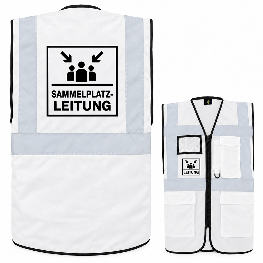 Sammelplatzleitung Weste aus weißem Polyester mit schwarzen Aufdrucken, Reflexstreifen, Reißverschluss und mehreren Taschen.