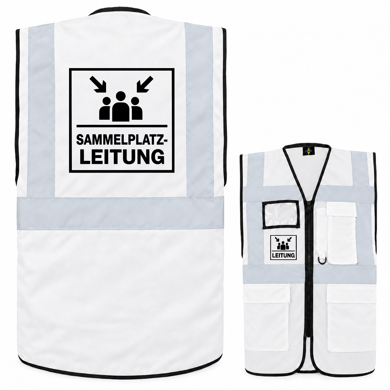 Sammelplatzleitung Weste aus weißem Polyester mit schwarzen Aufdrucken, Reflexstreifen, Reißverschluss und mehreren Taschen.