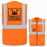 Sammelplatzleitung Weste aus orangefarbenem Polyester mit Reflexstreifen, Reißverschluss, Taschen und schwarzem Aufdruck.