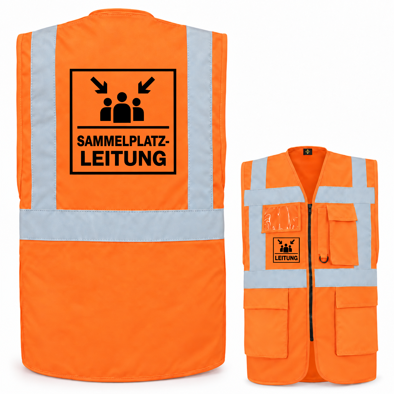 Sammelplatzleitung Weste aus orangefarbenem Polyester mit Reflexstreifen, Reißverschluss, Taschen und schwarzem Aufdruck.