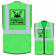 Multifunktionsweste aus grünem Polyester mit Reflexstreifen, Reißverschluss und Taschen; Sammelplatzleitung Weste mit Aufdruck.