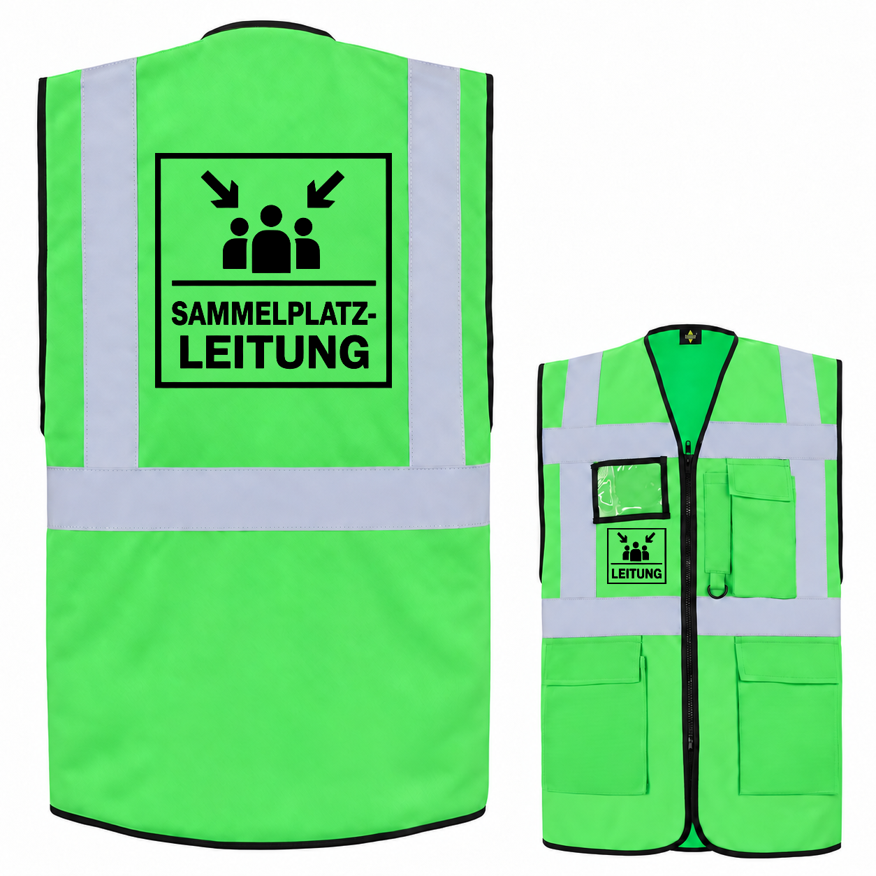 Multifunktionsweste aus grünem Polyester mit Reflexstreifen, Reißverschluss und Taschen; Sammelplatzleitung Weste mit Aufdruck.