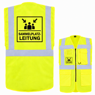 Sammelplatzleitung Weste aus gelbem Polyester mit Reflexstreifen, Taschen und Reißverschluss; Aufdruck „SAMMELPLATZ-LEITUNG“ hinten, „LEITUNG“ vorn.