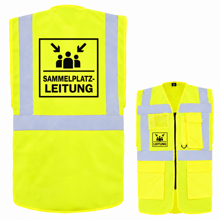 Sammelplatzleitung Weste aus gelbem Polyester mit Reflexstreifen, Taschen und Reißverschluss; Aufdruck „SAMMELPLATZ-LEITUNG“ hinten, „LEITUNG“ vorn.