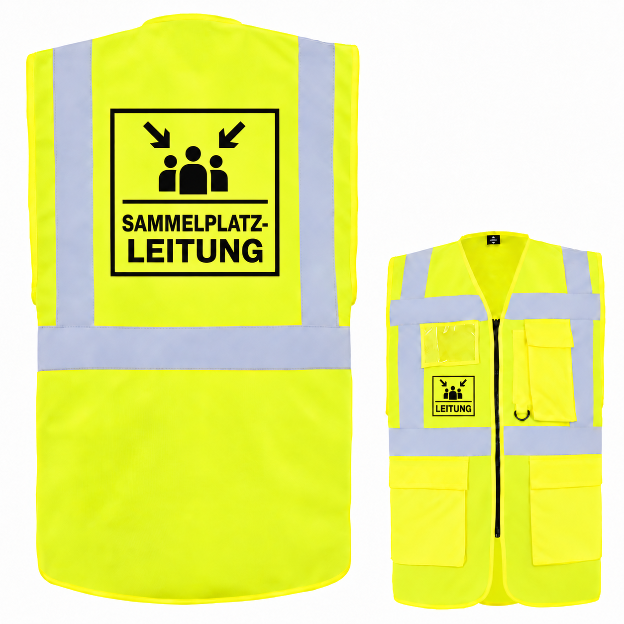 Sammelplatzleitung Weste aus gelbem Polyester mit Reflexstreifen, Taschen und Reißverschluss; Aufdruck „SAMMELPLATZ-LEITUNG“ hinten, „LEITUNG“ vorn.