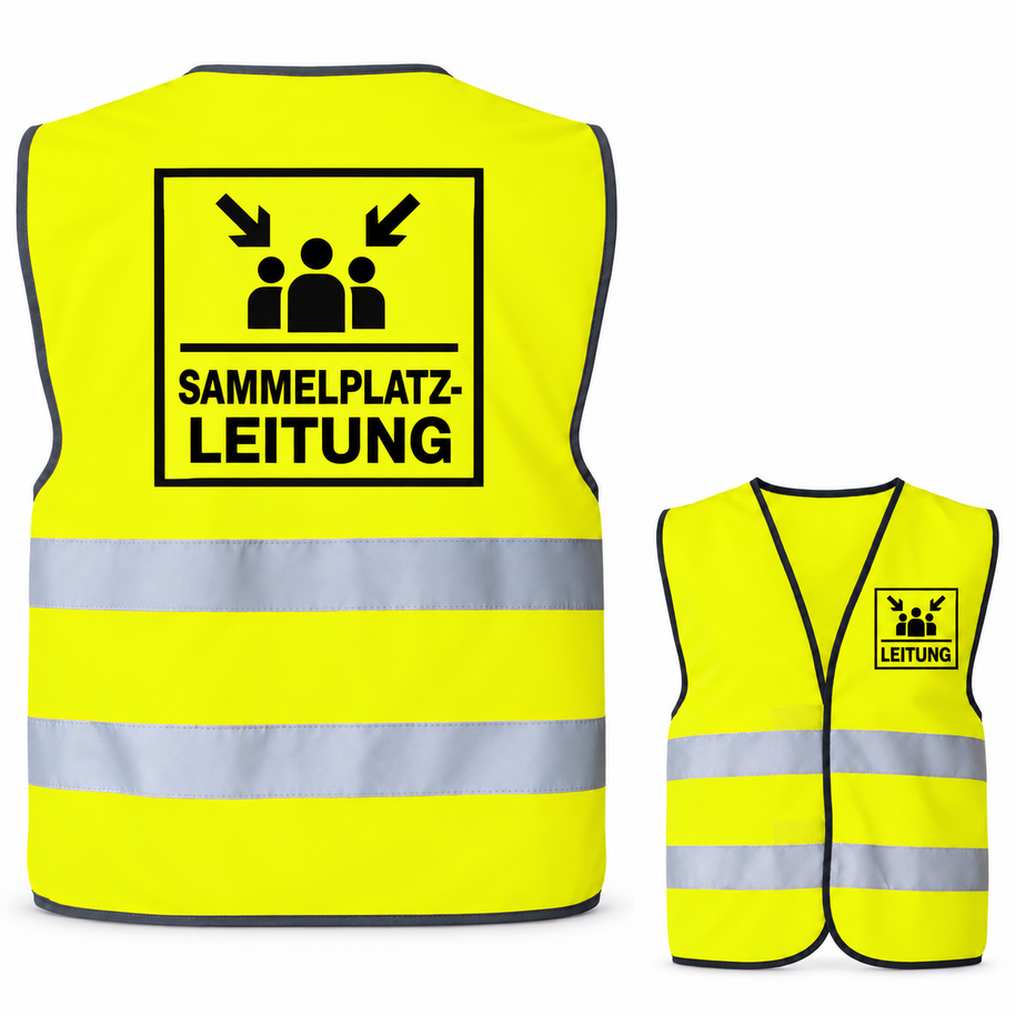 Sammelplatzleitung-Warnweste – Signal-Gelb (Saum Schwarz) – Vorder- und Rückseite