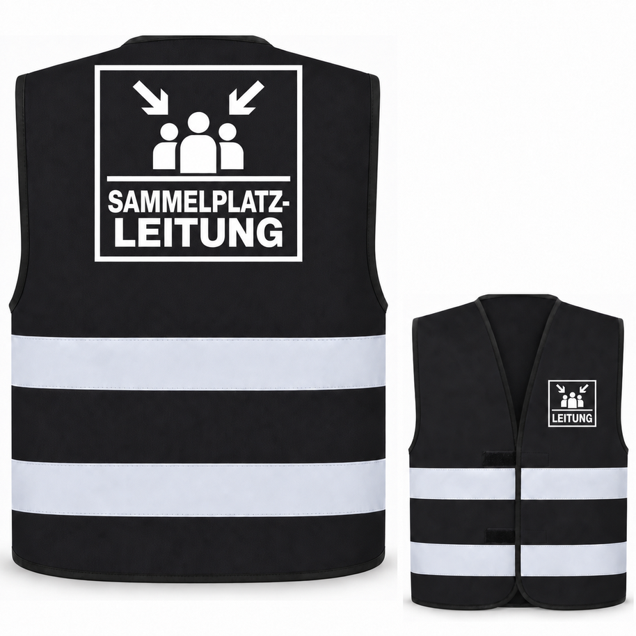 Sammelplatzleitung-Warnweste – Schwarz – Vorder- und Rückseite