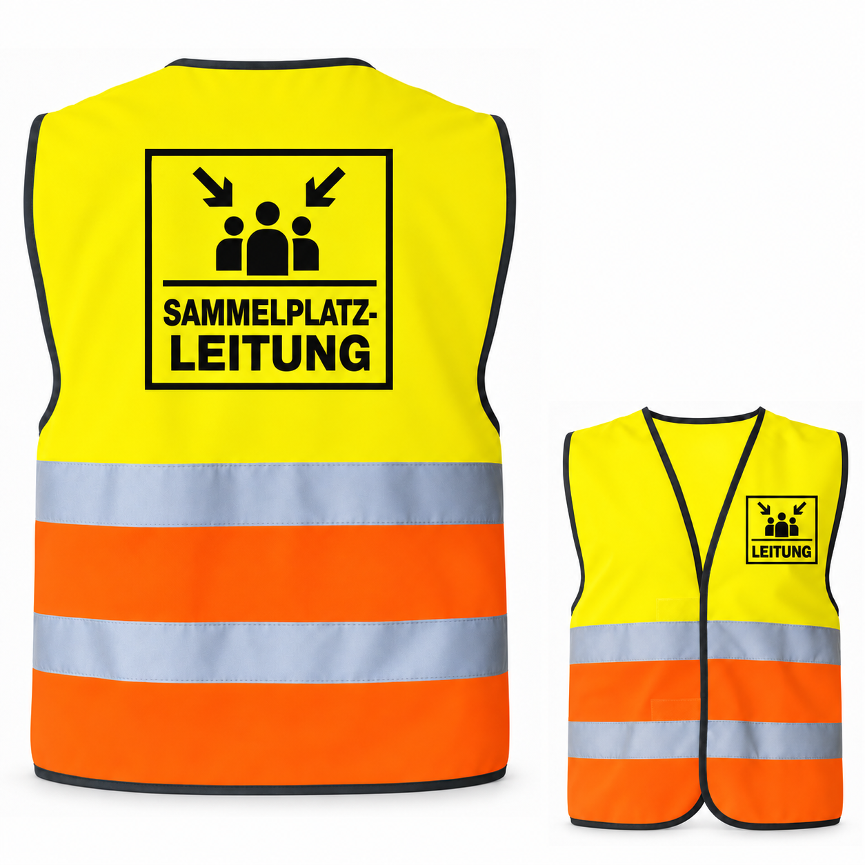 Sammelplatzleitung-Warnweste – Signal-Gelb / Signal-Orange – Vorder- und Rückseite
