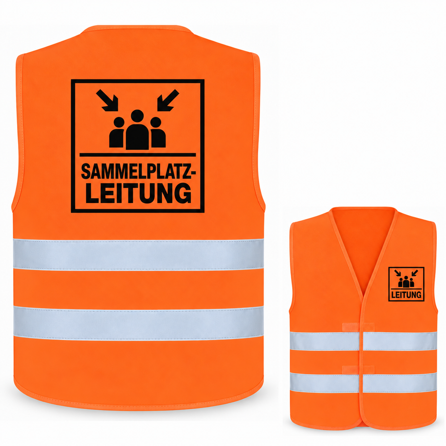 Sammelplatzleitung-Warnweste – Signal-Orange (Saum Orange) – Vorder- und Rückseite